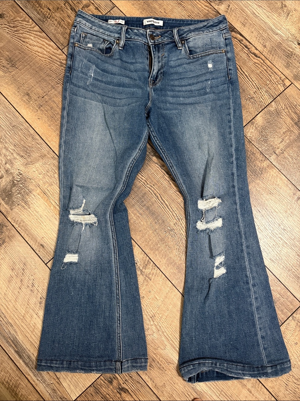 Vigoss Worn-In Blue Distressed Flare Jeans - Womens